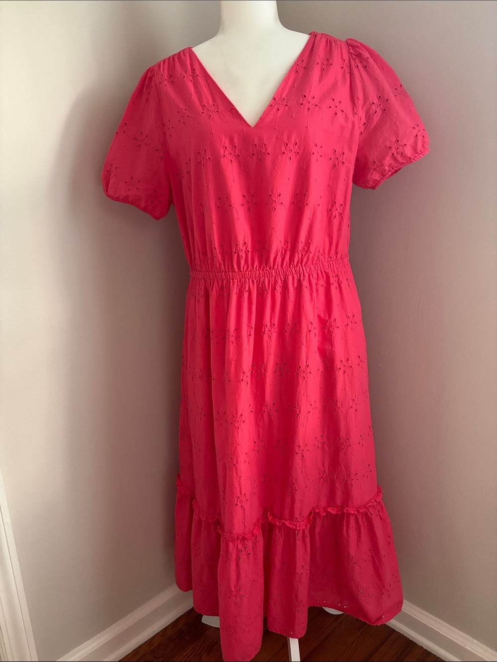 Women’s Coral Eyelet V-Neck Midi Dress